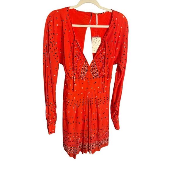 NEW Free People Coryn Coral Orange Print Long Sleeve Dress red combo sz 6 - Picture 14 of 16